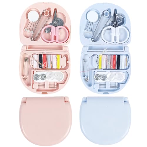 2-teiliges Mini-Nähset mit 20 Nähzubehörteilen, tragbares kleines Nähset, Nähkasten für Reisen, Wohnheim und Zuhause, Reiseanfänger und Notfall (Rosa und Blau) von XUZWECP