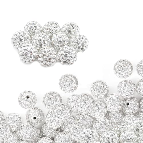 100 PCS White Clay Beads 0.4inch Round Shaped Rhinestone Beads Fancy Sparkle Bracelet Beads Decorative Crystal Beads for Jewelry Necklace Earring Making DIY Craft Rhinestone Beads von XVHOAB