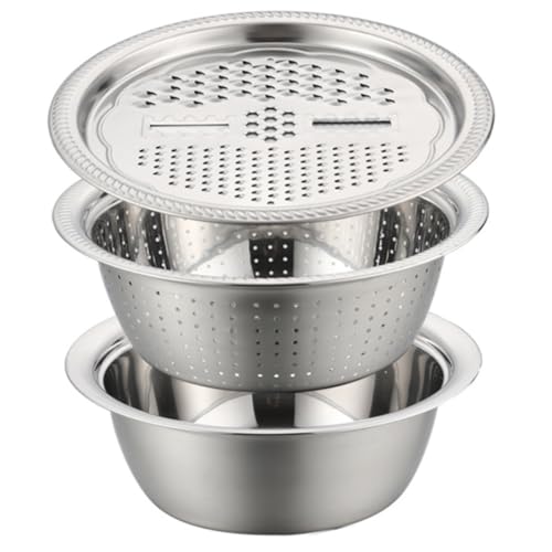 Multifunktionales Reifenbecken Set Colander Sieb Küche Servierschale Edelstahl Silber 26 cm für Reisgemüse Obst Käse Schokolade 3pcsset von XVHOAB