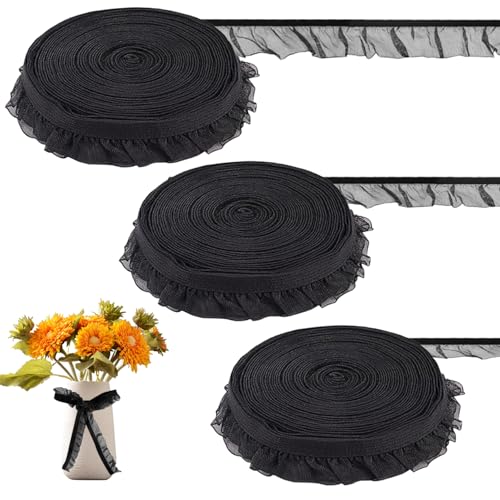 Schwarze Spitzenverkleidung 3 Brötchen 5,5 Yard Single Ruffle 15/20/30 mm breites elastisches Nylonband zum Nähen DIY Bastelgeschenkverpackung Schmuck Schmuck von XVHOAB