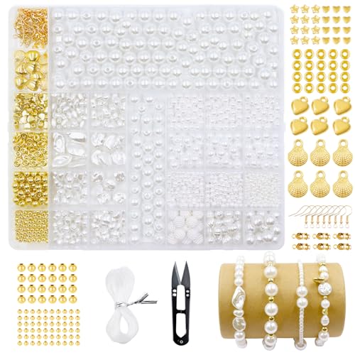 1400Pcs Perlen Weiß zum Auffädeln, Perlen Armbänder Selber Machen 3/4/6/8/10/12 mm, Goldene Sperlen,Distanzperlen Weisse Perlen zum Auffädeln für DIY Schmuckherstellung von XWCHASA