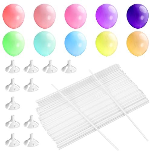 200Pcs Luftballon Stäbe Set, Wiederverwendbar 100Pcs 32cm Ballonstäbe Halter mit 100Pcs Bunte Luftballons, Luftballons Plastikstäbe für Hochzeit Geburtstag Feiertage Party Deko von XWCHASA