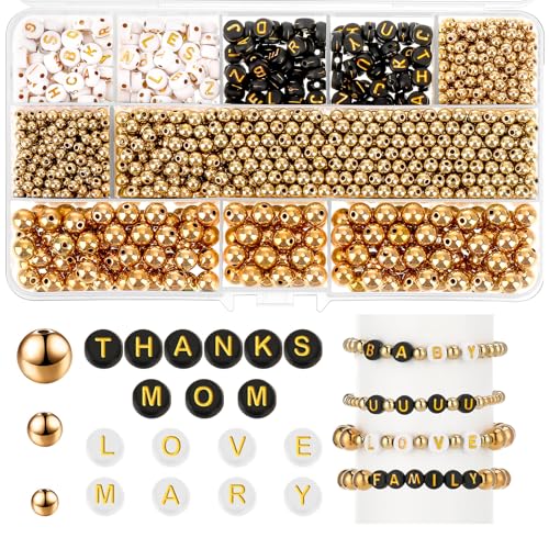 Goldene Perlen für Armbänder 4 6 8 mm 1200 Stück Runde Perlen und 400 Stück Buchstaben Perlen, Alphabetperlen für die Herstellung von Armbändern Schmuck Ohrringen Halsketten DIY Handwerk von XWCHASA