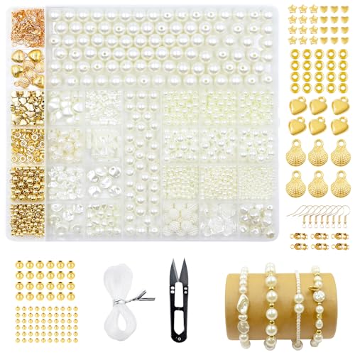 XWCHASA 1400Pcs Perlen Weiß, Weiße Perlen zum Auffädeln Erwachsene Armbänder Selber Machen Set 3/4/6/8/10/12 mm, Goldene Sperlen,Distanzperlen Perlen Set für DIY Halsketten Armbänder Schmuck Basteln von XWCHASA