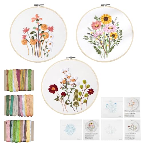 XWCHASA Sticken Set Erwachsene,Stickset für Anfänger,3 Stück Blumenmuster Pflanzen Embroidery Kit mit Bambus-Stickrahmen,Anleitung und Werkzeuge,Geeignet für DIY Kunst,Handwerk von XWCHASA