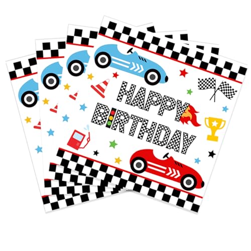 Papierservietten, Motiv: Rennwagen, Happy Birthday, schwarz-weiß, kariert, Party-Servietten für Kinder, Jungen, Rennwagen, Thema, Geburtstag, Party, Dekoration, 80 Stück von XXDecor