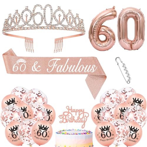 60. Geburtstag Krone Schärpe Luftballons Roségold 60. Geburtstag Schärpe und Tiara Diademe 60Jahre Dekorationen Cupcake Topper Birthday Schärpe Haarschmuck für Damen 60. Geburtstag Dress Up Party von XYPNRTMP