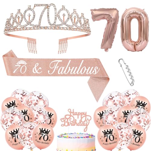 70.Geburtstag Krone Schärpe Luftballons Roségold 70. Geburtstag Schärpe und Krone Tiara 70 Jahre Dekorationen Cupcake Topper Ballons Birthday Schärpe Haarschmuck für Damen 70. Geburtstag Party von XYPNRTMP