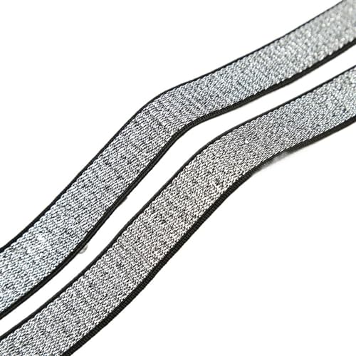 XYTUJK Gummiband 10/15/20/25/30 mm Gold Silber Glitzer Gummibänder Bund Gummiband DIY Nähen Spitzenbesatz Kleidungsstück Zubehör 5 Yards(Silver-Black Border,5METER_10MM) von XYTUJK