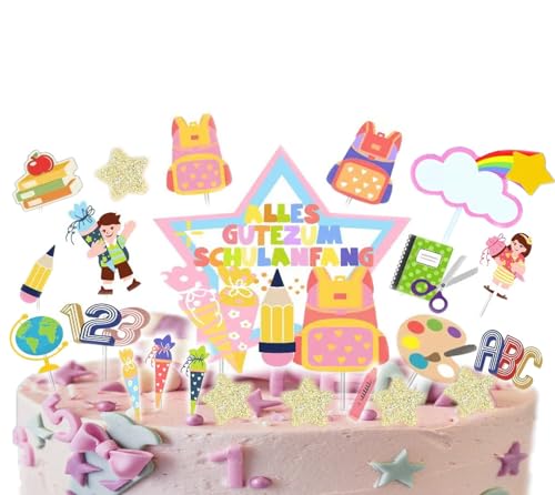 XYZOOR Tortendeko Einschulung Kuchendeko Schulanfang Schulkind Kuchen Torten Cupcake Topper für Junge Mädchen Schulstart Deko (Bunt) von XYZOOR