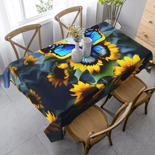 XZDAL Elegante und langlebige Tischdecke, rechteckig, Sonnenblumen-Motiv mit blauen Schmetterlingen, 89 x 140 cm, für Abendessen, Brunch, Hochzeit und mehr von XZDAL