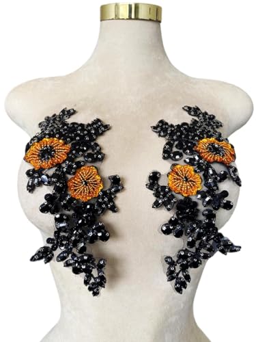 XZG.beatal Handgefertigte glänzende Strass-Applikation, Applikation, Aufnäher, Perlen, Pailletten, Steinbesatz, Zubehör für Hochzeitskleid, 1 Paar/Beutel, 28,9 x 12,9 cm, Schwarz / Gold XZG.beatal Handgefertigte glänzende Strass-Applikation, Applikation, Aufnäher, Perlen, Pailletten, Steinbesatz, Zubehör für Hochzeitskleid, 1 Paar/Beutel, 28,9 x 12,9 cm, Schwarz / Gold von XZG.beatal