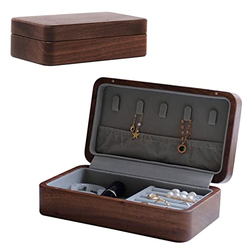 XZHWSZD Schmuckschatulle aus Holz für Frauen,Mädchen und Damen mit Tasche und Haken,kleines Reiseetui für Schmuck,Aufbewahrungs-Organizer für Halsketten,Ringe und Ohrringe,Samtfutter,dunkel von XZHWSZD