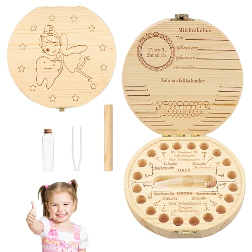 Xahpower Milchzahndose für Mädchen & Jungen, Zahnbox für Milchzähne aus Holz, Zahndose Milchzähne, Holz Speicher Baby Zähne Aufbewahrungsbox Geschenk Geschenkideen zu Taufe und Geburtstag (Mädchen) von Xahpower