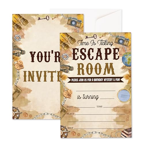 Xanev Geburtstagseinladungen für Jungen und Mädchen, Escape Room Geburtstagsparty-Einladungen, 20 Stück, Mystery-Vintage-Themen-Einladungen mit Umschlägen, Party-Feierbedarf, doppelseitige Xanev Geburtstagseinladungen für Jungen und Mädchen, Escape Room Geburtstagsparty-Einladungen, 20 Stück, Mystery-Vintage-Themen-Einladungen mit Umschlägen, Party-Feierbedarf, doppelseitige von Xanev