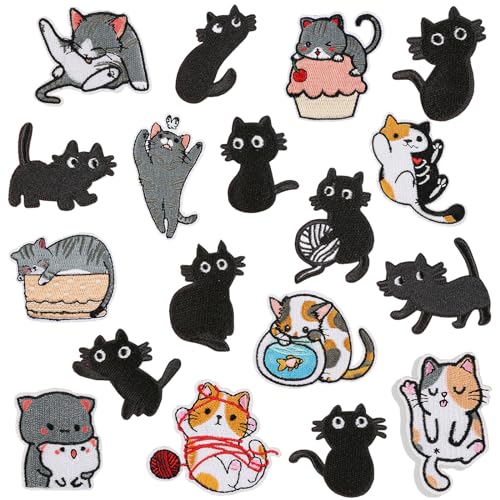 Xanewza 18 Stück Patches zum Aufbügeln Katze, Bestickte Aufnäher Bügel Patches, Katze Patch Kit Kinder Flicken zum Aufbügeln Aufnäher zum Aufnähen Applikation für T-Shirt Jeans Jacken Rucksäcke Hüte von Xanewza