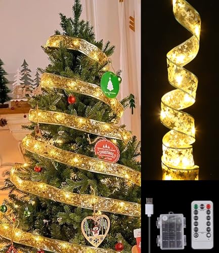 Xaosin Weihnachtsband Lichterkette 10M 100 LED Lichterkette Weihnachtsbaum USB und Batteriebetriebene Weihnachtsbaum Band Lichter für Urlaub Party Innen und Außenbereich Christmas Tree Decorations von Xaosin