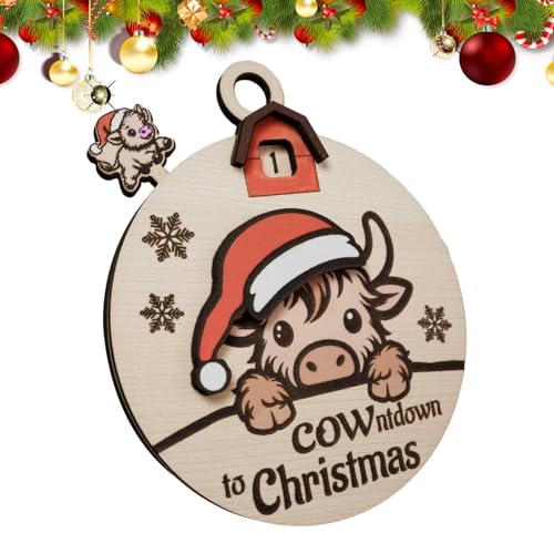 Xatteua Weihnachts-Countdown-Brett, verschiebbares Countdown-zu-Weihnachts-Ornament - Highland Cow Countdown zum Weihnachtskalender - Holz-Weihnachtsuhr-Countdown-Schild, 3D-Countdown-Schild bis von Xatteua