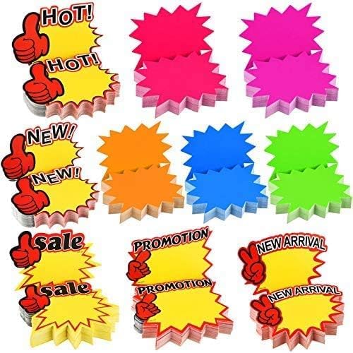 500 Stück 10 Stile Burst-Schilder, fluoreszierende Schilder, blanko, Sternform, Einzelhandelsschilder, Platzpapierschilder für Einzelhandel, Geschäft, Partygeschenke von Xaztr