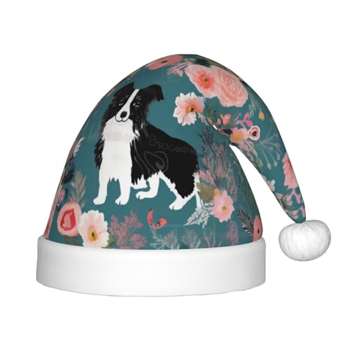 Xdcywbzdbc Border Collie Florals Weihnachtsmannmütze für Kinder, gehobener Weihnachtsmannmütze, Plüsch, Weihnachtsmannmütze, Samtoberteil mit künstlichem Wollball, Partyzubehör von Xdcywbzdbc