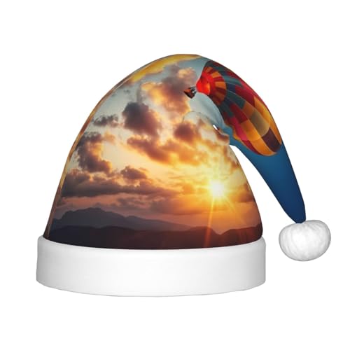 Xdcywbzdbc Weihnachtsmannmütze mit Heißluftballon, Sonnenuntergang, für Kinder, gehobener Weihnachtsmannmütze, Plüsch, Weihnachtsmannmütze, Samtoberteil mit künstlichem Wollball, Partyzubehör von Xdcywbzdbc