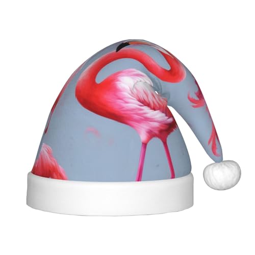 Xdcywbzdbc Weihnachtsmütze mit Flamingo-Druck, für Kinder, Weihnachtsmannmütze, gehobener Weihnachtsmannmütze, Plüsch, Weihnachtsmannmütze, Samt-Oberteil mit künstlichem Wollball, Feier, Partyzubehör von Xdcywbzdbc