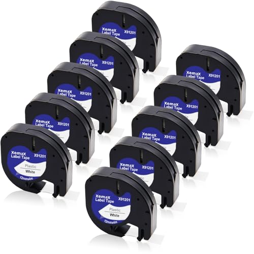 10x XemaX Etiketten Kompatibel für Dymo Letratag Etikettenband 91201 91221 S0721660 12mm x 4m Band Schwarz auf Weiß Etikettenkassette für Dymo LetraTag LT-100H 100T 2000 200B XR Etikettendrucker von XemaX