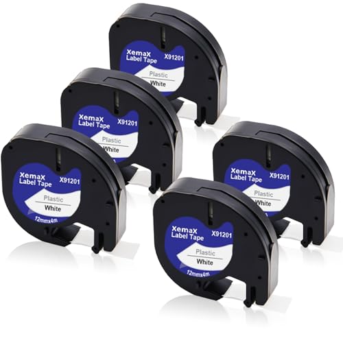 5x XemaX Kompatibel für Dymo Letratag 12mm x 4m Etikettenband, Schwarz auf Weiß Schriftband, Kunststoffschriftband für Dymo Gerät LT-100H LT-100T Letratag XR 200B 2000 XM von XemaX