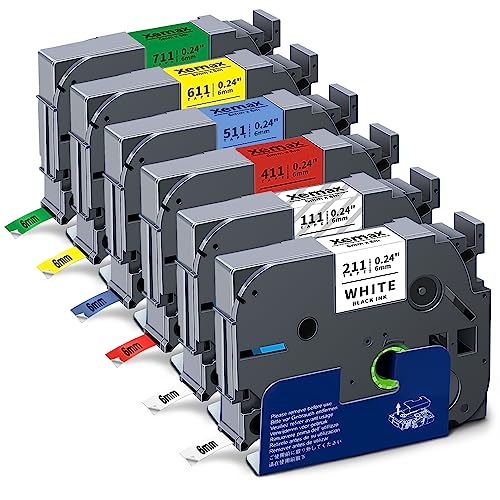 6x XemaX Kompatibel Schriftband Ersatz für Brother P-touch Bänder TZe-211 TZe-111 TZe-411 TZe-511 TZe-611 TZe-711 6 mm Etikettenband für Brother P-Touch H105 1010 H100R H110 H101C H100LB H200 D400 von XemaX