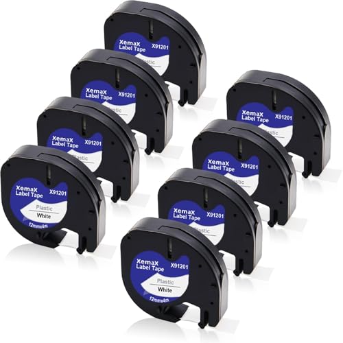 8x XemaX Kompatibel für Dymo Letratag 12mm x 4m Etikettenband, Schwarz auf Weiß Schriftband, Kunststoffschriftband für Dymo Gerät LT-100H LT-100T Letratag XR 200B 2000 XM von XemaX