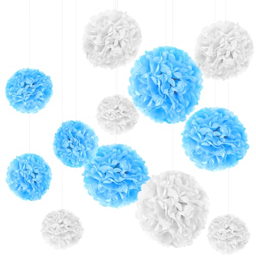 12er Set Seidenpapier Pompoms, inkl. Satinbänder (je 1.20m), inkl. Geschenkverpackung, mit deutscher Videobastelanleitung (Weiß Hellblau) von Xenoria