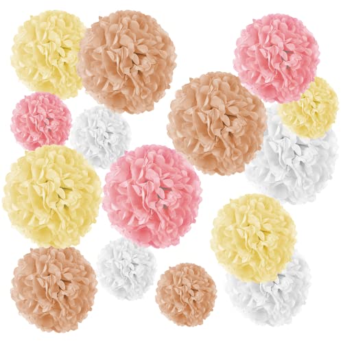 15er Set Seidenpapier Pompoms, inkl. Satinbänder (je 1.20m), inkl. Geschenkverpackung, mit deutscher Videobastelanleitung (Weiß Gelb Apricot Rosa) von Xenoria