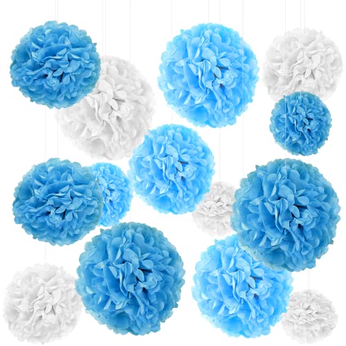 24er Set Seidenpapier Pompoms, inkl. Satinbänder (je 1.20m), inkl. Geschenkverpackung, mit deutscher Videobastelanleitung (Weiß Hellblau Blau) von Xenoria