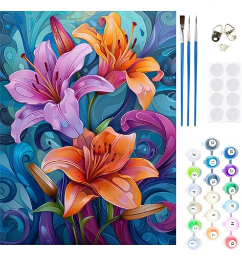 Malen Nach Zahlen Erwachsene Blume Malen Nach Zahlen Lilie Paint by Numbers für Anfänger,DIY Handgemalt Ölgemälde Leinwand Kit mit Pinseln Acrylfarben Bastelset,Home Wand Dekor Geschenk 40x30cm M-321 von Xeoyenle