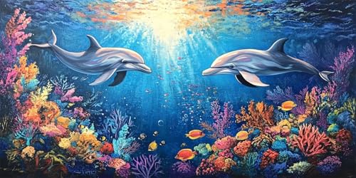 Malen Nach Zahlen Erwachsene Delphin Malen Nach Zahlen Ozean Malen Nach Zahlen ab 7 8 9 Jahre Mädchen Geschenk,DIY Handgemalt Ölgemälde Kit für Anfänger 3 Pinseln und Acrylfarbe,70x140cm mit Rahmen von Xeoyenle