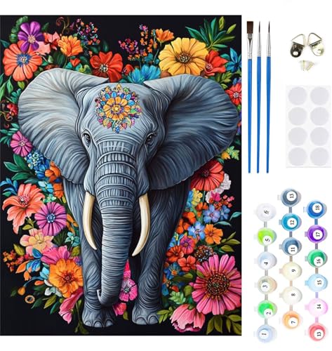 Malen Nach Zahlen Erwachsene Elefant Malen Nach Zahlen Blume Paint by Numbers für Anfänger,DIY Handgemalt Ölgemälde Leinwand Kit mit Pinseln Acrylfarben Bastelset,Home Wand Dekor Geschenk 60x90cm M-78 von Xeoyenle