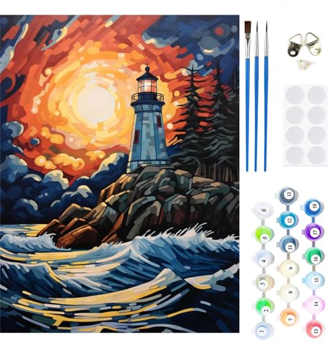 Malen Nach Zahlen Erwachsene Leuchtturm Malen Nach Zahlen Sonnenuntergang Paint by Numbers für Anfänger,DIY Handgemalt Ölgemälde Leinwand Kit,Pinseln Acrylfarben Bastelset,Home Wand Dekor 30x20cm M-83 von Xeoyenle