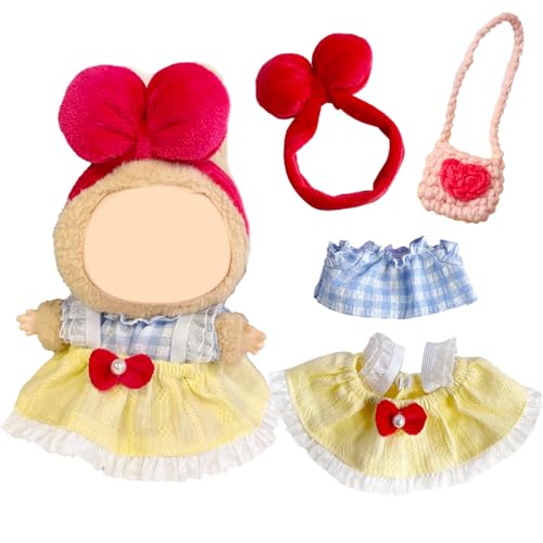 17 cm Süße Kleidung für Puppe, 4 pcs Plüsch Puppen Kleidung Blau Kariertes Oberteil+Gelber Rock+Kopfschmuck Mit Roter Schleife+Rosa Tasche, Prinzessinnen Stil Frühlings und Sommer Star-Puppenkleidung 17 cm Süße Kleidung für Puppe, 4 pcs Plüsch Puppen Kleidung Blau Kariertes Oberteil+Gelber Rock+Kopfschmuck Mit Roter Schleife+Rosa Tasche, Prinzessinnen Stil Frühlings und Sommer Star-Puppenkleidung von Xerteam