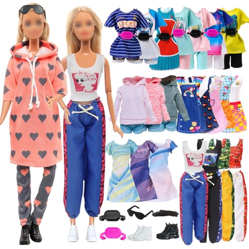 18 Puppen Kleidung und Zubehör, kompatibel mit Barbie 11,5 Zoll/30cm Sport-Stil 1 Kapuzenpullover 3 Sportbekleidung 1 Weste 3 Hose 1 Baseballmütze 2 Turnschuhe 4 Kleider 1 Sonnenbrille 2 Gürteltaschen von Xerteam