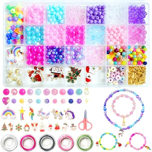 28 Grid Weihnachten Perlenset, DIY Perlen Set Armbänder Halskette Ring, Bunte Perlen Weihnachtsstil Anhänger Weihnachtsbaum Schneeflocke Pentagram Regenbogen Einhorn, Weihnachtsgeschenke für Kinder von Xerteam