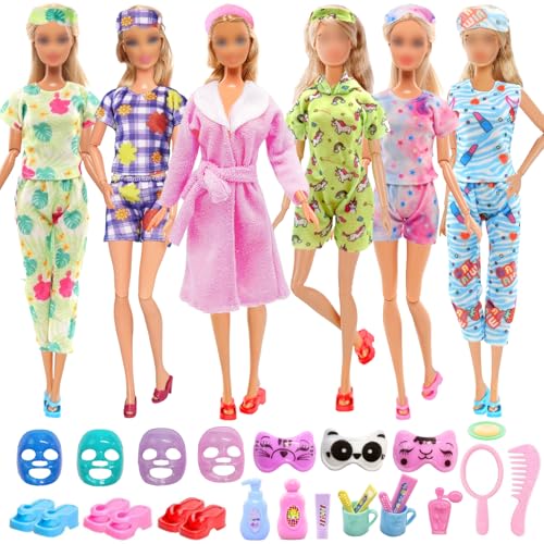 28 Kleidung und Zubehör für Puppen, Fashion Puppenpyjamas und Bademäntel Kompatibel mit Barbie Puppen, 4 Süße Puppenpyjamas 2 Bademäntel Toilettenartikel Gesichtsmaske und Augenmaske Set 3 Hausschuhe von Xerteam