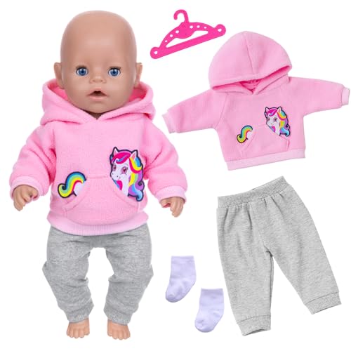 4 Stück Puppenkleidung für 14-18 Zoll Babypuppen, Neue süße Cartoon Puppenkleidung für Babypuppen 30-35 cm, Rosa Pony -Hoodie + Graue Hose + Socken + Kleiderbügel, Puppen Kleidung Geschenk für Kinder von Xerteam