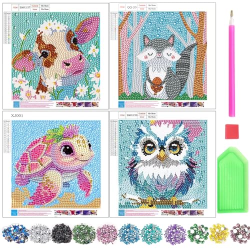 4er Set 5D Diamond Painting Kinder, Tiere-Set Full Diamant Painting, Schildkröte Eule Kuh Eichhörnchen Edelstein Malerei Easy Art Craft Kit für Mädchen Jungen Erwachsene Geschenk Home Decor von Xerteam