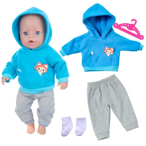 Baby Puppen Puppenkleidung 35-43 cm, Kleidung Outfits für Baby Puppen, 1 Animal Element Kapuzensweatshirt+ 1 graue Hose + 1 Paar Socken +1 Hänger, Puppenkleidungsset Geschenk für Kinder Mädchen Jungen von Xerteam