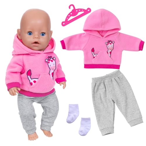 Puppenkleidung, Baby Puppen 35-46 cm Kleidung für New Born Baby Puppen Junge und Mädchen, 1 Giraffen-Hoodie + 1 Graue Hose + 1 Paar Weiße Socken + 1 Kleiderbügel, Pink Kleidung Geschenke für Kinder von Xerteam