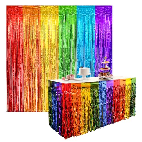 Regenbogen-Party-Dekorationen, Metallfolien-Fransen-Tischrock, 270 x 72 cm, Regenbogen-Folien-Fransenvorhänge, 1 x 2 m, Lametta-Metall-Luftschlangen, Tischdekorationen für Geburtstag, Disco-Party, von Xerteam