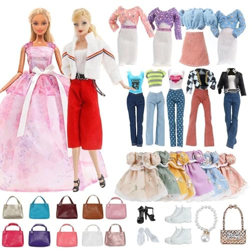 Xerteam 17 Fashion Puppen Kleidung, 6 Sets 11,5 Zoll Puppen-Outfits umfassen Partykleid, schickes Kleid, stylische Anzüge, Prinzessinnenkleid mit 2 High Heels, 1 Sneaker, 1 Perlenkette, 2 Taschen von Xerteam