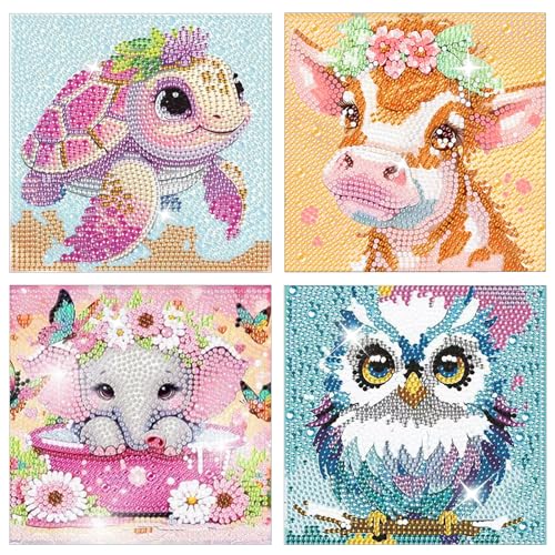 Xerteam 4 Set 5D Diamond Painting für Kinder, 5D Cartoon Diamant Malsets 6 x 6Zoll, Tiere DIY Diamant Kunst Sets, Vollbohrer Diamond Painting Kunst und Handwerk für Kindergeschenke, Heimwanddekoration von Xerteam