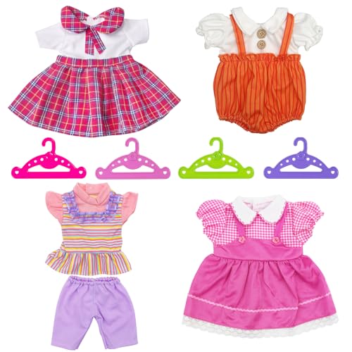 Xerteam 4 Set Baby Puppenkleidung für 14-18 Zoll Babypuppen, Niedliche und Süße Kleidung Outfits for 38-45cm Baby Puppen, 4 Pack Mode Puppenkleidung + 2 Puppenrock + Kleidungoverall + 4 Kleiderbügel von Xerteam