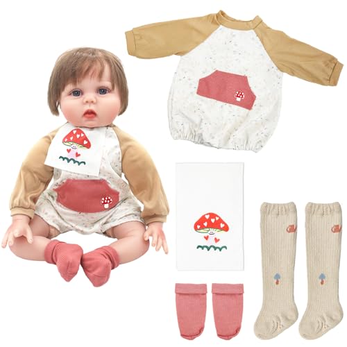 Xerteam Puppenkleidung für 50-55cm Baby Puppe, Puppezubehör Langarm Jumpsuit Lätzchen Braun Strümpfe Rote Socken für 20-22 Zoll Puppen, Puppen Kleidung als Geschenk für Kinder (Keine Puppe) von Xerteam